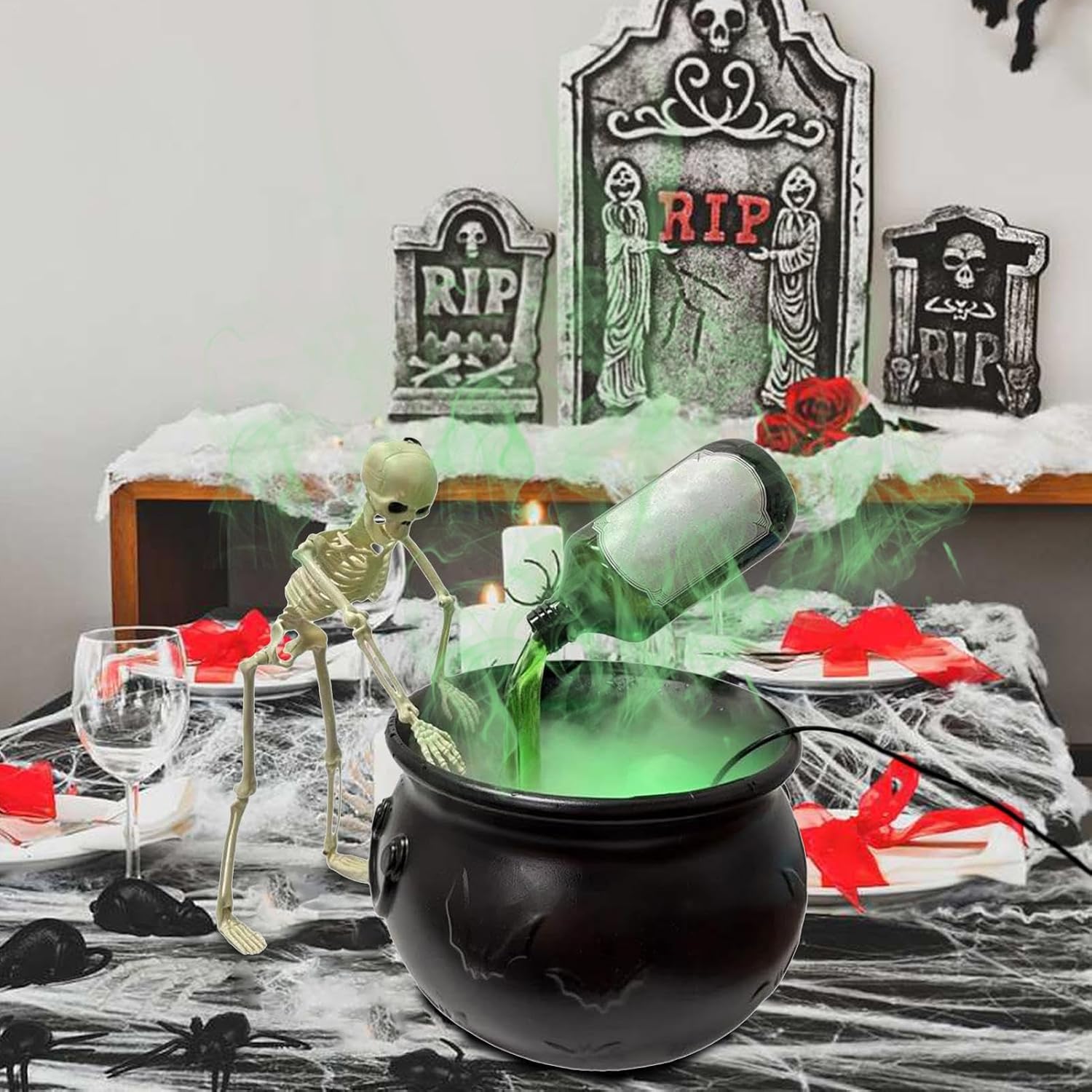Halloween Decorations Indoor - Cauldron Halloween Decor with Magic Floating Potion Bottles and Diffuser - Black Plastic Witches Bowl Party Decor for Spooky Vintage Home Kitchen Table
